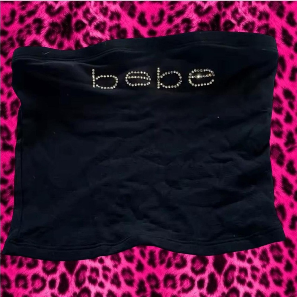 Bebe Black Tube Top with Rhinestone Logo